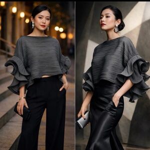 Grey/silver Top, Curled Sleeves, Drama Blouse, Theatre, Size M